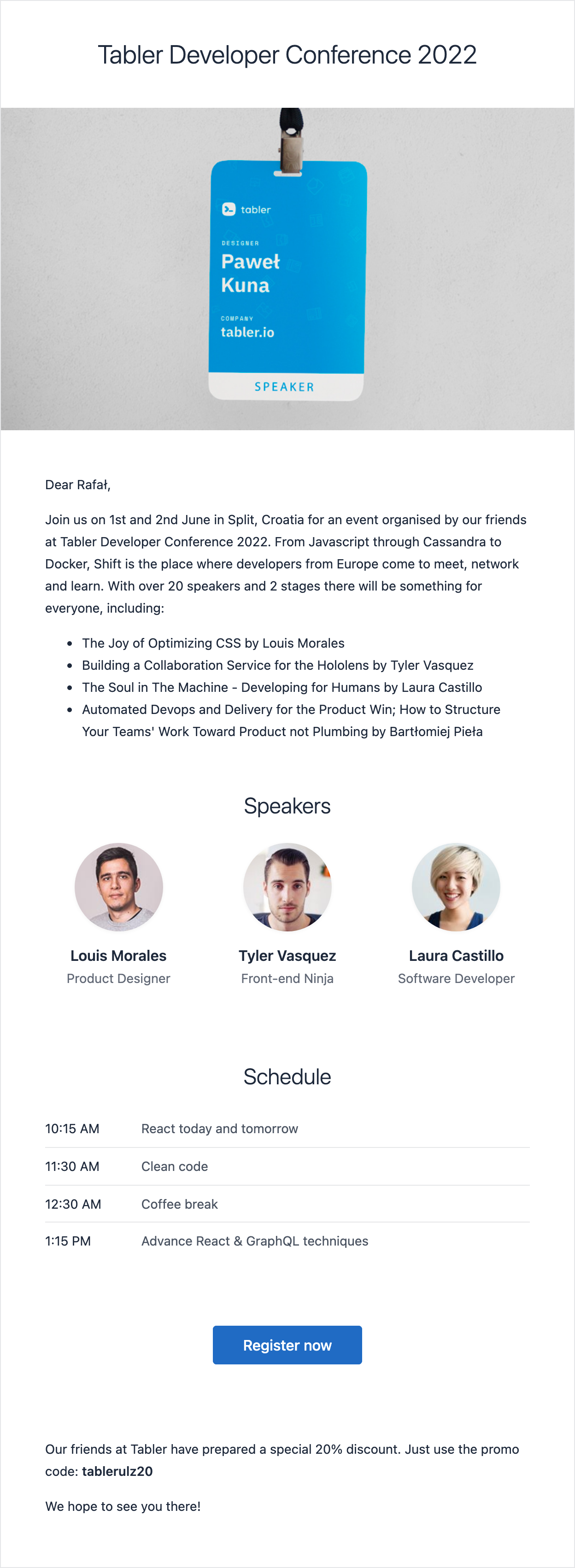 Email template with an invitation to a conference