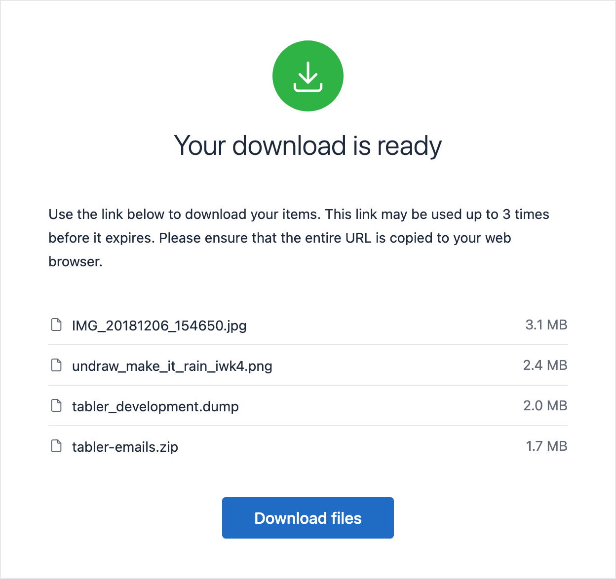 Email template with message about the completed download