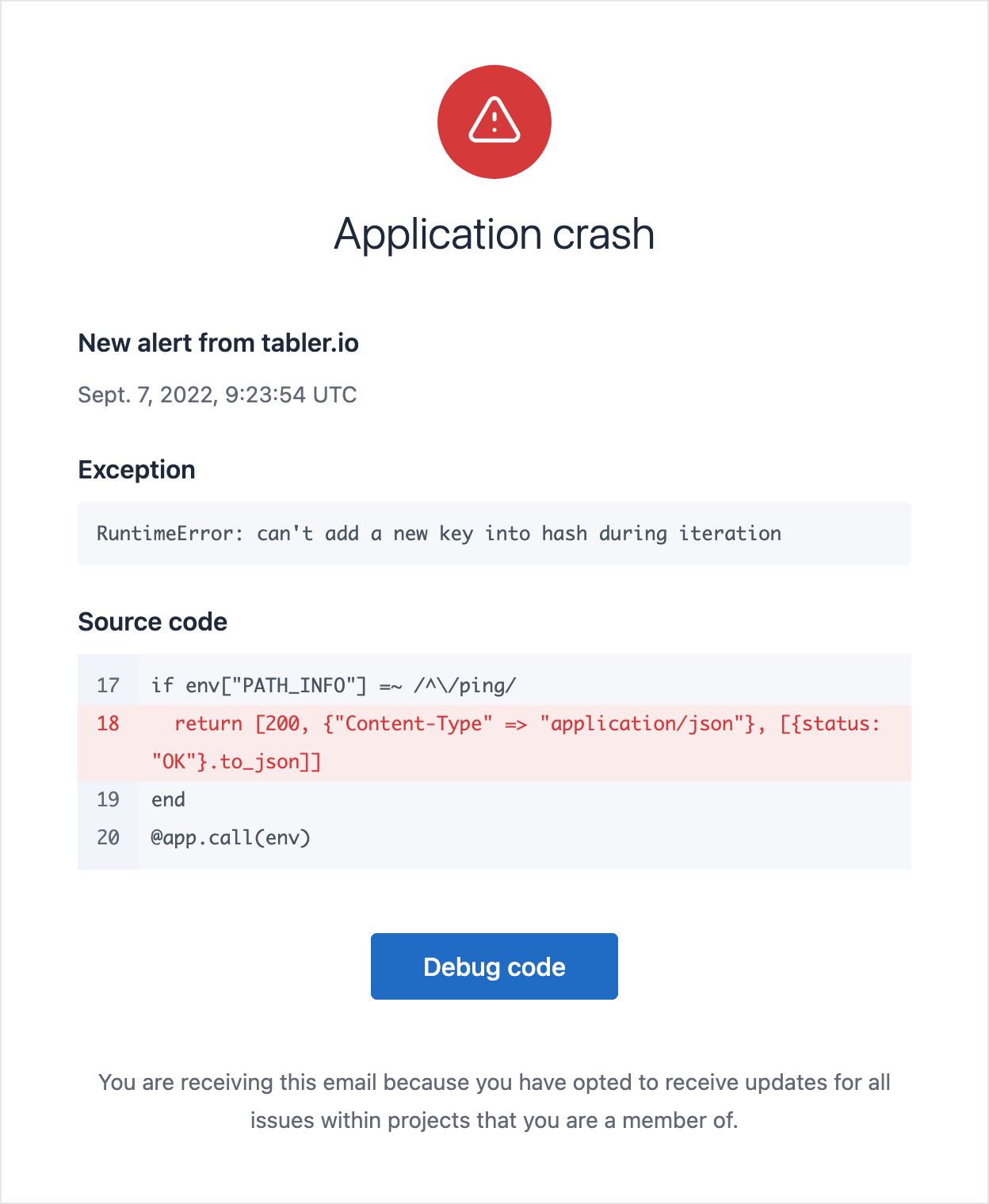 Email template with informaton about the error