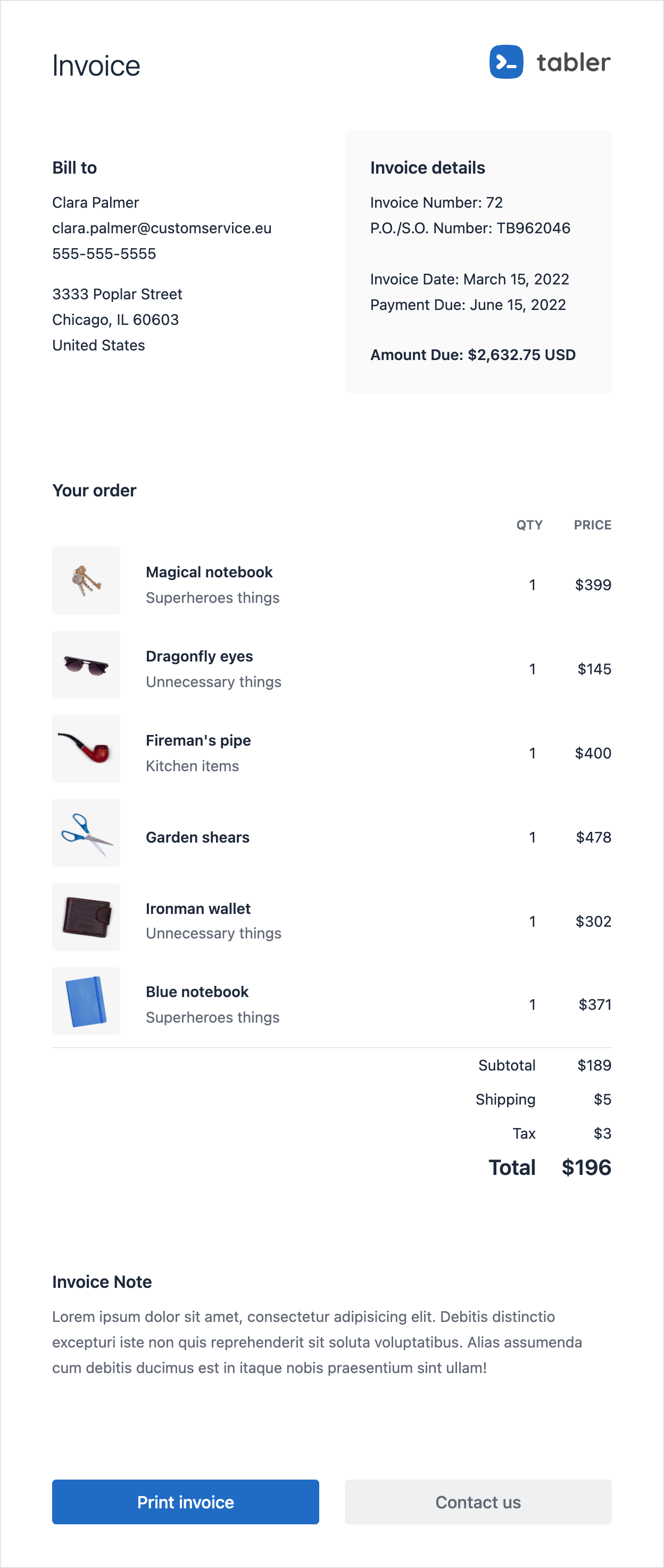 Email template with an invoice