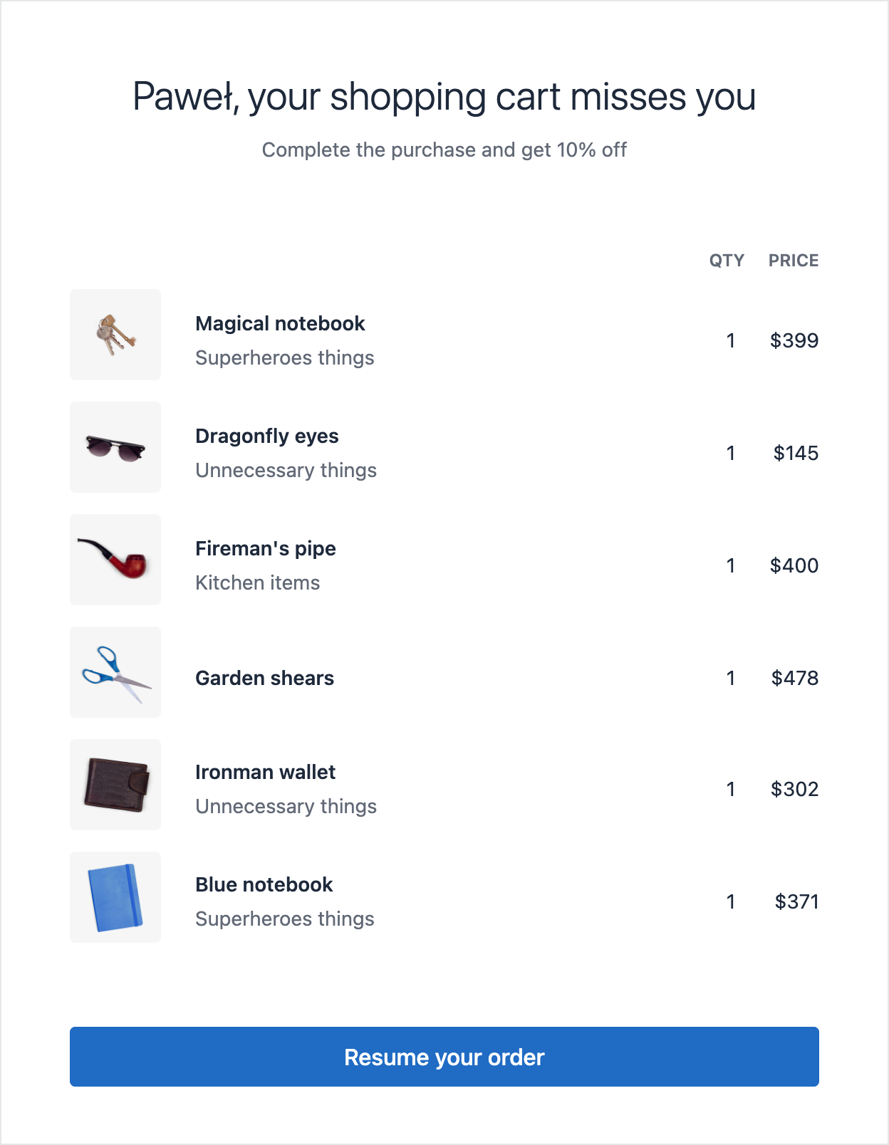 Email template with the missing order