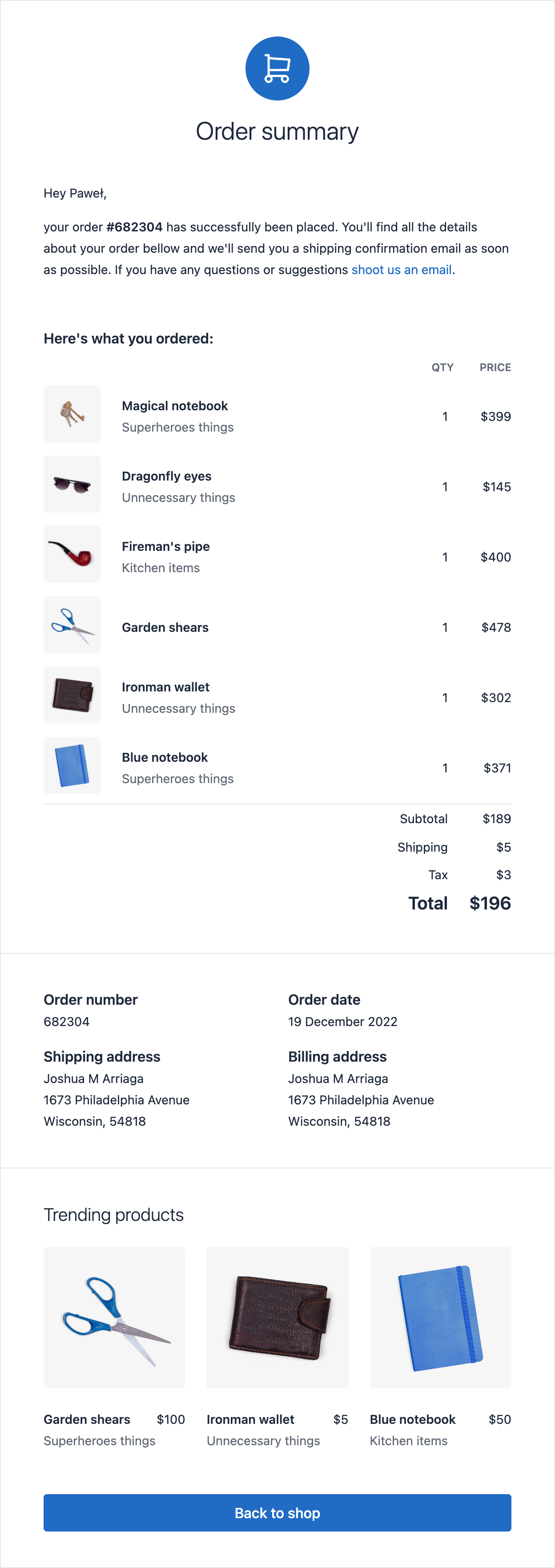 Email template with order summary