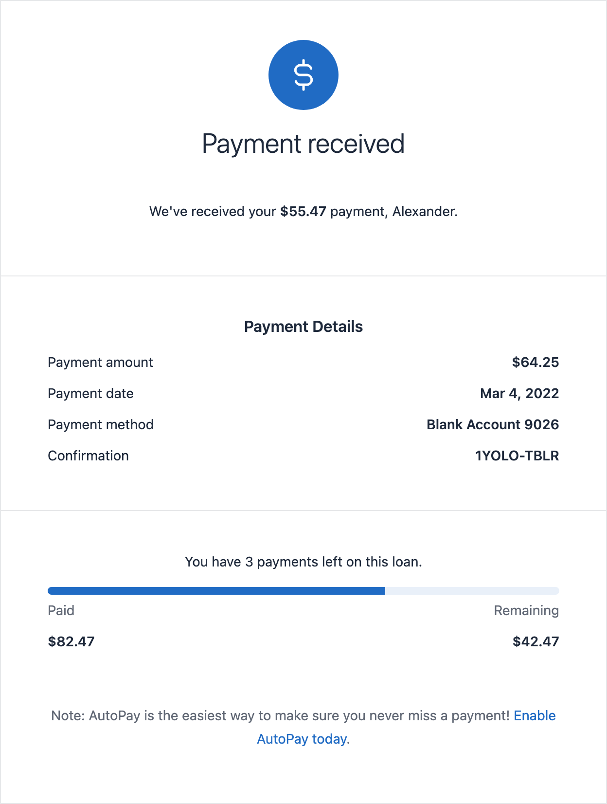 Email template with payment details