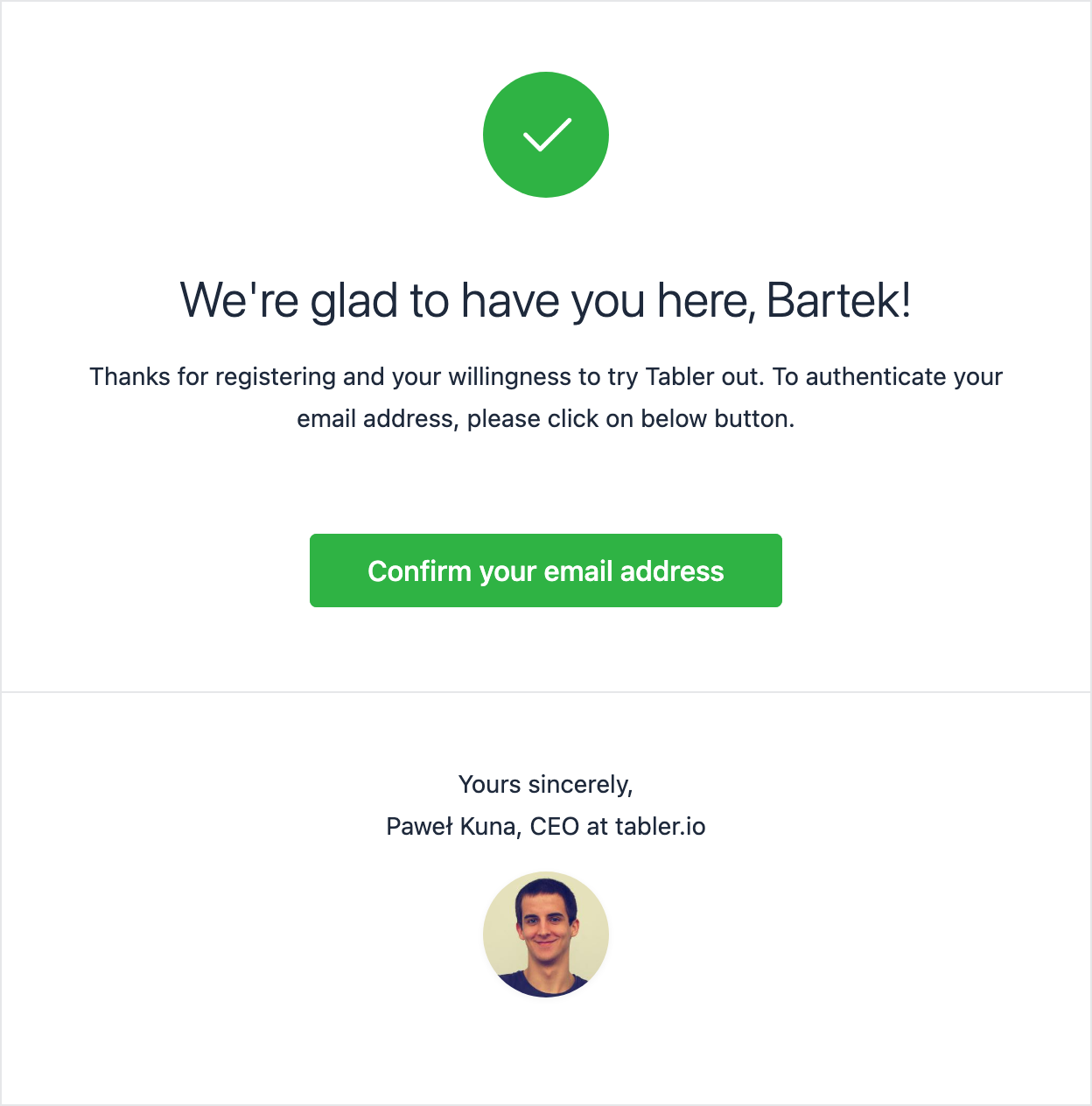 Email template about the registration of a new user