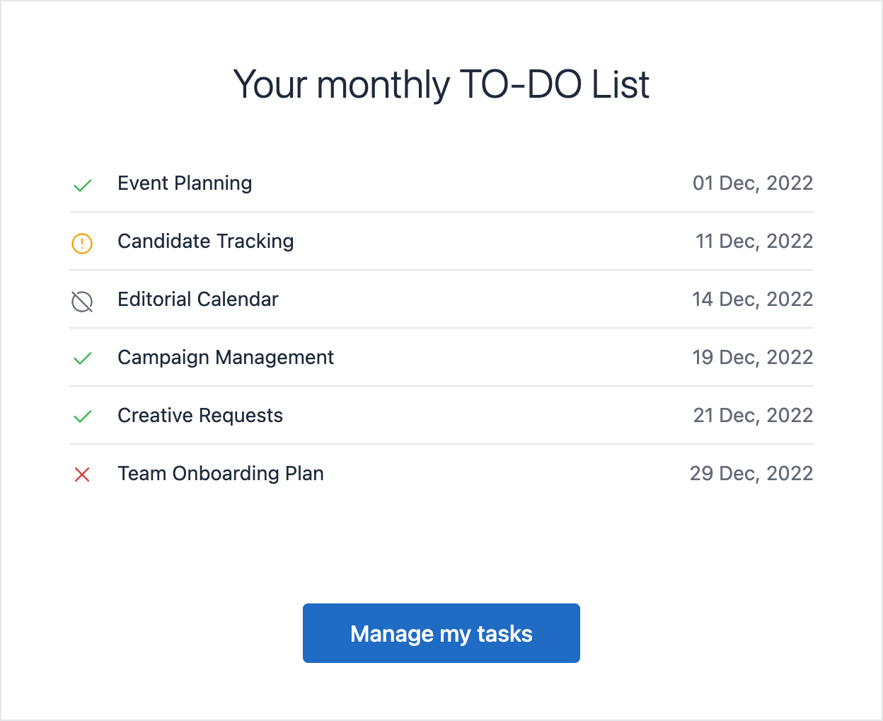 Email template with a list of things to do
